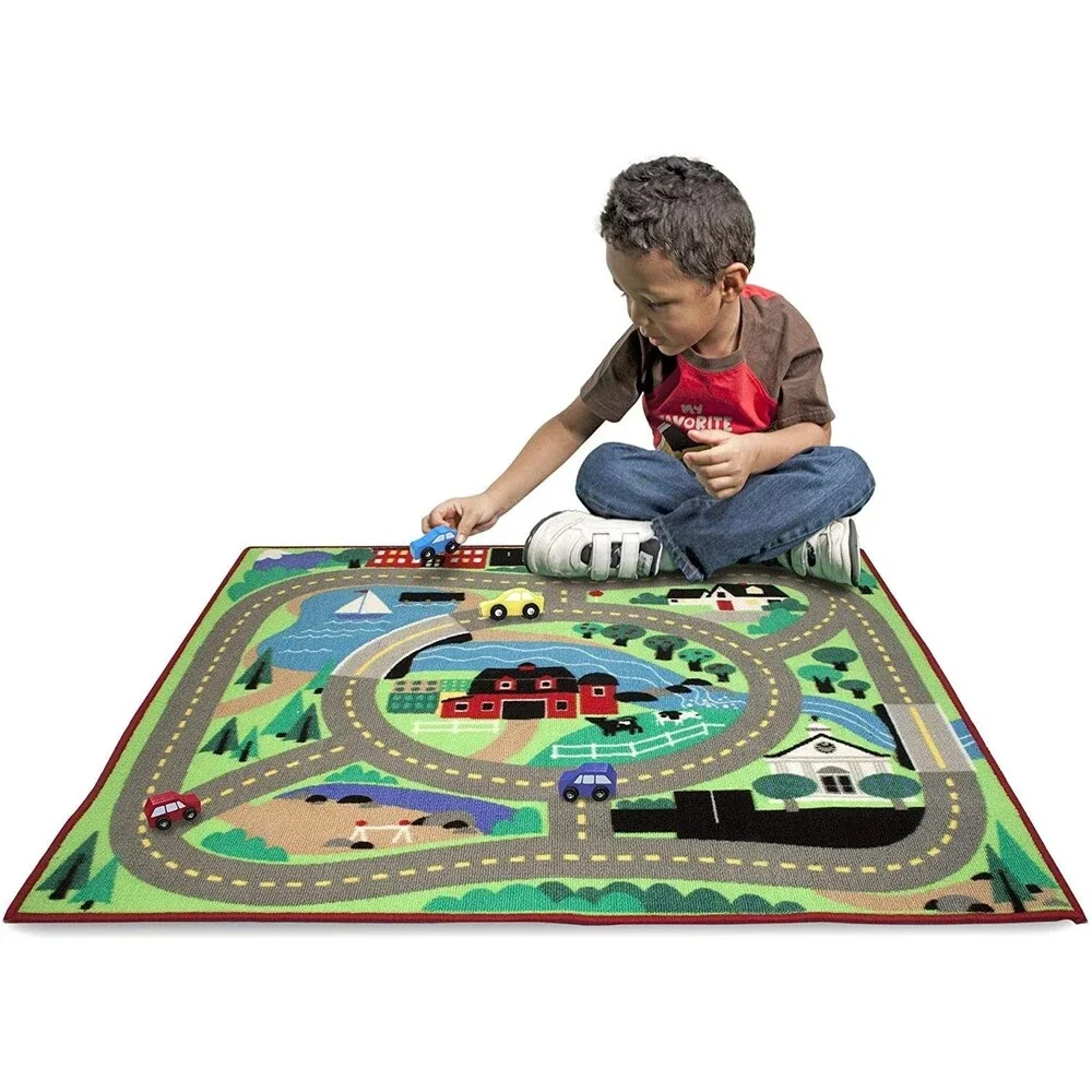 Melissa & Doug Round the Town Road Activity Rug w/ 4 Wood Cars 39x36